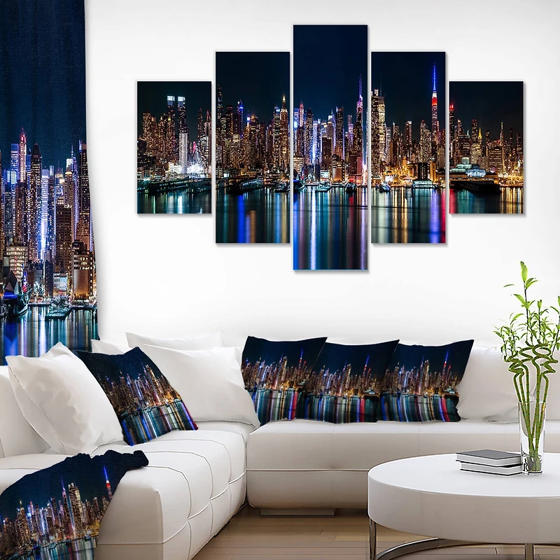 Designart - New York Midtown Night Panorama - Blue - Extra Large Canvas Art Print