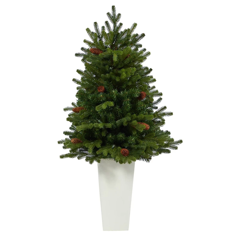 3.5ft. Pre-Lit Yukon Mountain Fir Artificial Christmas Tree in White Planter, Clear Lights