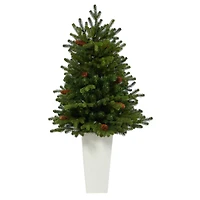 3.5ft. Pre-Lit Yukon Mountain Fir Artificial Christmas Tree in White Planter, Clear Lights
