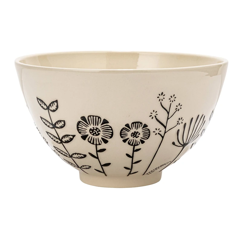 Hello Honey® 12" Cream & Black Embossed Flowers Hand-Painted Stoneware Serving Bowl