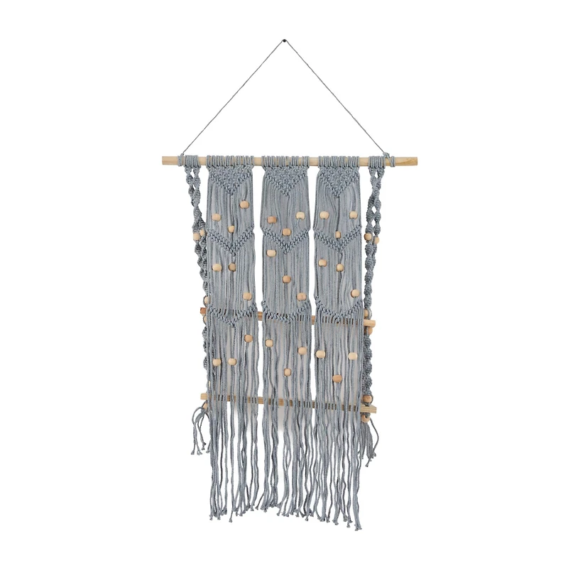 The Novogratz Gray Cotton Handmade 2 Shelves Macrame Wall Shelf 25" x 6" x 47"