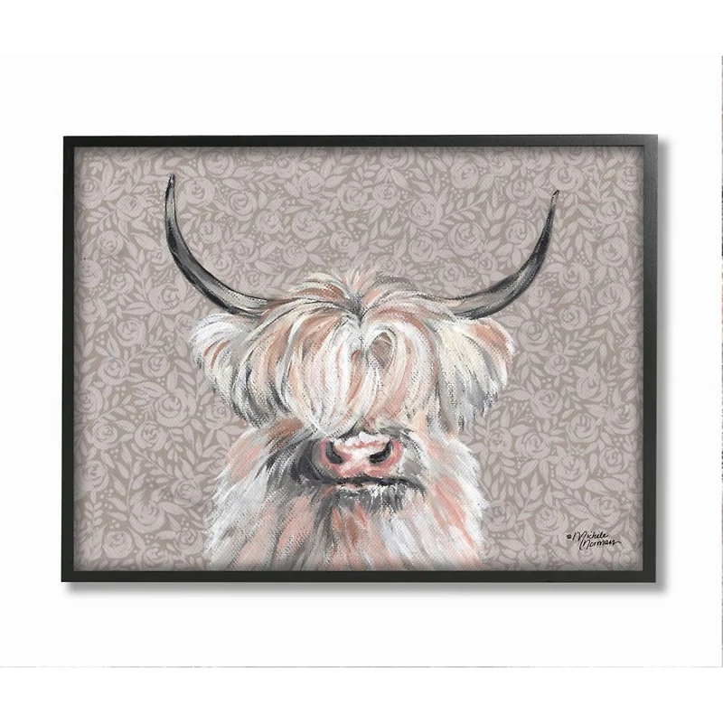 Stupell Industries Grumpy White Buffalo on Floral Print Farm Animal Framed Wall Art