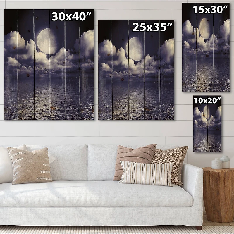 Designart - Full Moon In Cloudy Night Sky V - Nautical & Coastal Print on Natural Pine Wood