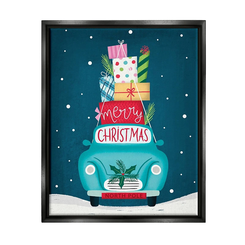 Stupell Industries Merry Christmas Stacked Gifts Car Framed Floater Canvas Wall Art