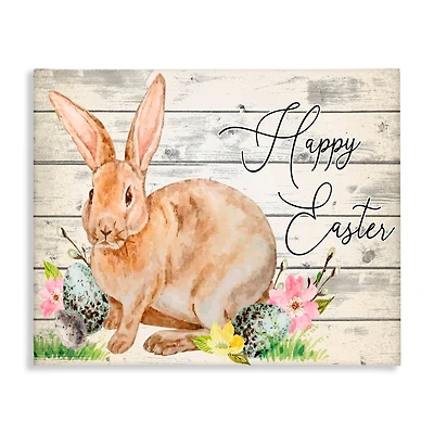 Stupell Industries Spring Floral Happy Easter Bunny Canvas Wall Art