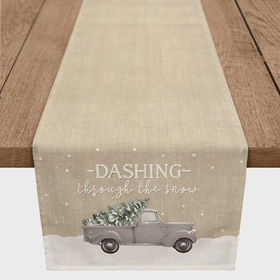 Dashing Through the Snow Painted Tree Truck 16x90 Poly Twill Table Runner