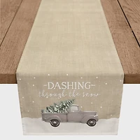 Dashing Through the Snow Painted Tree Truck 16x90 Poly Twill Table Runner