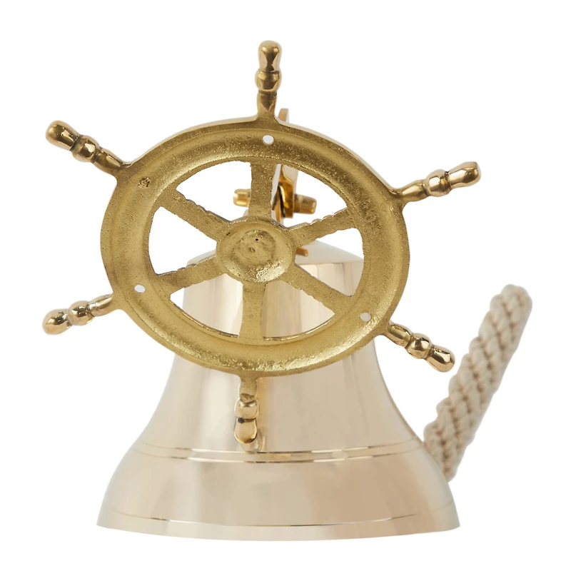 Gold Brass Bell Wall Decor with Ship wheel Backing 7" x 9" x 6"