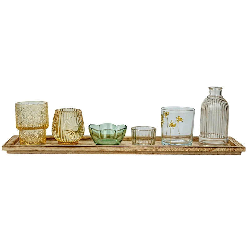 Hello Honey® Embossed Glass 5-Votive Candle Holders with Vase & Wood Tray