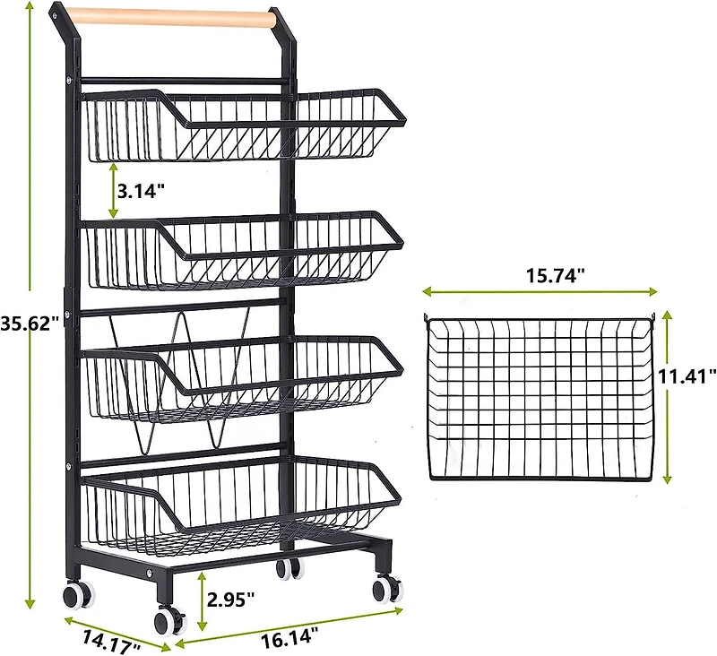 Black 4 Tier Fruit Vegetable Storage Basket Rolling Cart