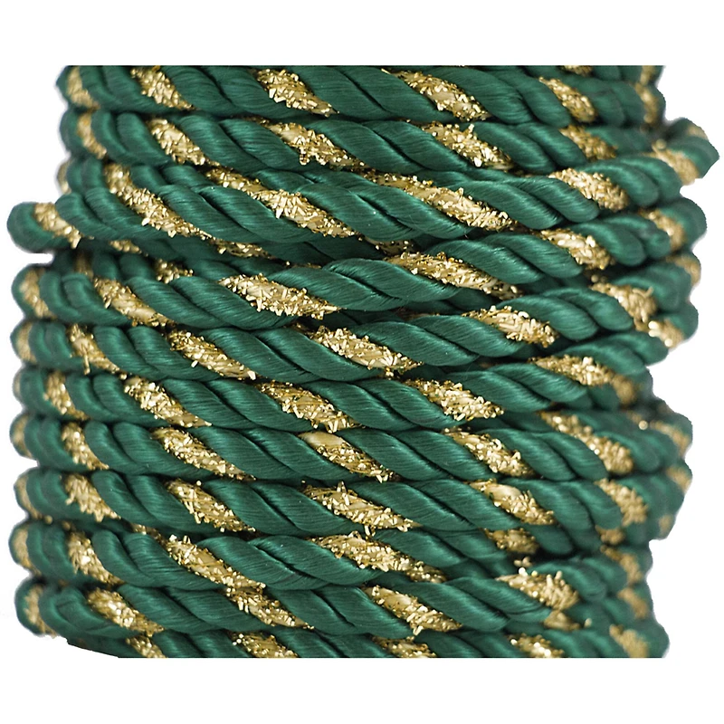 JAM Paper 3/8" x 15yd. Green with Gold Decorative Rope Ribbon