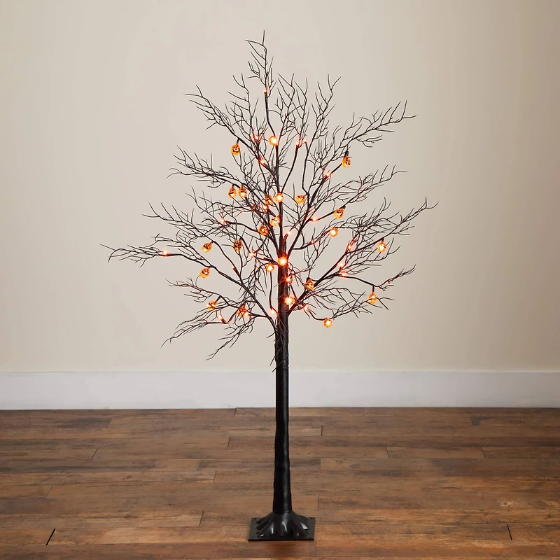 4ft. Pre-Lit Artificial Halloween Black Twig Tree with 24 Orange LED Pumpkin Shaped Lights