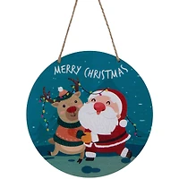 Santa and Reindeer "Merry Christmas" Disc Ornament - 8" - Blue and Red