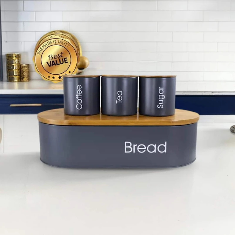 MegaChef Bamboo Kitchen Countertop Gray 4-Piece Metal Bread Basket & Canister Set
