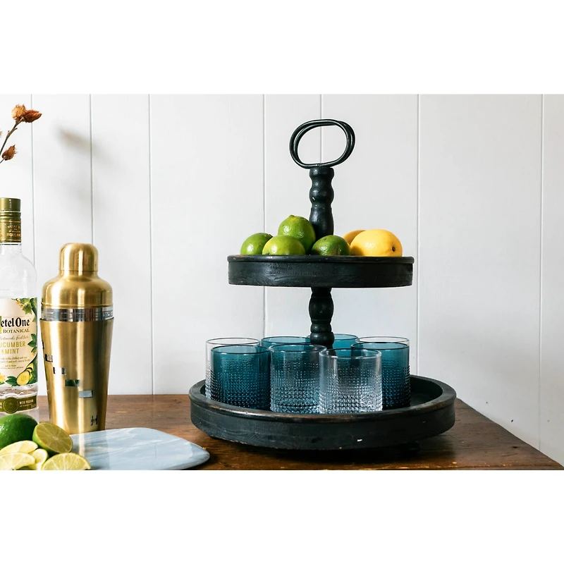 Hello Honey® 18.5" Distressed Black Wood 2-Tier Tray