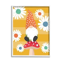 Stupell Industries Mushroom Garden Gnome White Daisies Yellow Stripes in White Frame Wall Art