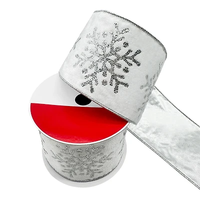 3.5" x 15ft. White & Silver Glitter Snowflakes Wired Velvet Ribbon by Celebrate It®