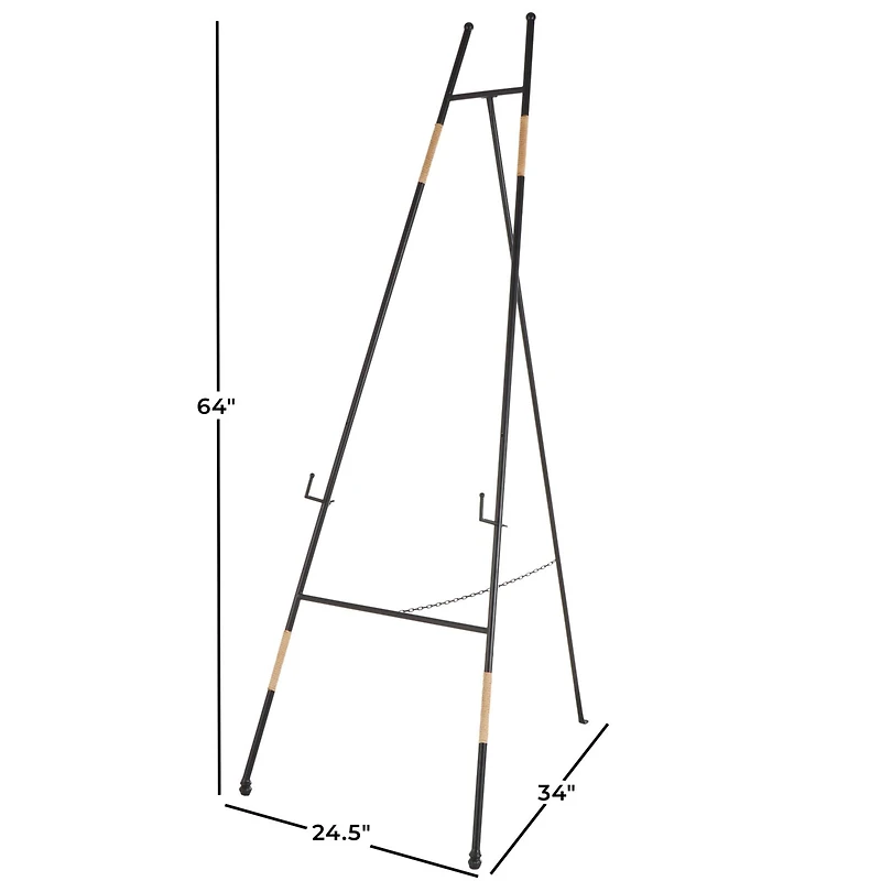 64" Black Metal Slim Foldable 2-Tier Easel with Wrapped Rattan Accents