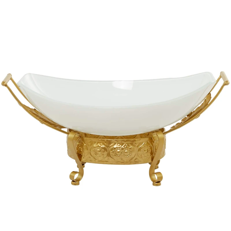 CosmoLiving by Cosmopolitan 24" White Glass Kitchen Serving Bowl with Gold Metal Scroll Stand