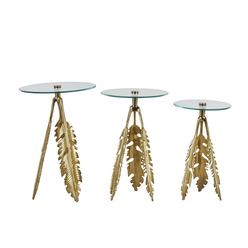 Gold Aluminum Metal Leaf Accent Table Set