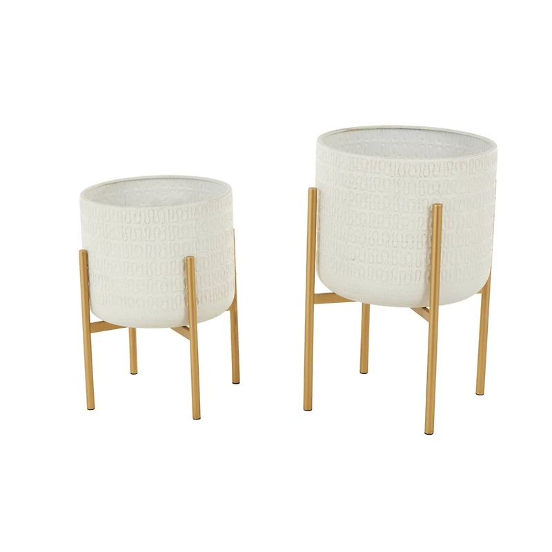 White & Gold Metal Dome Planter with Stand Set