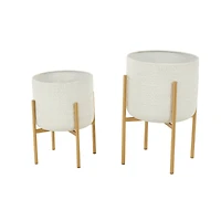 White & Gold Metal Dome Planter with Stand Set