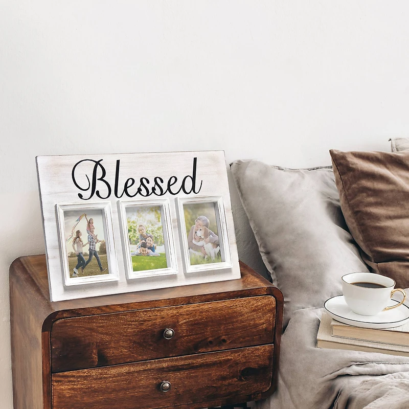 Elegant Designs Whitewash Blessed 3 Photo Collage 4" x 6" Picture Frame