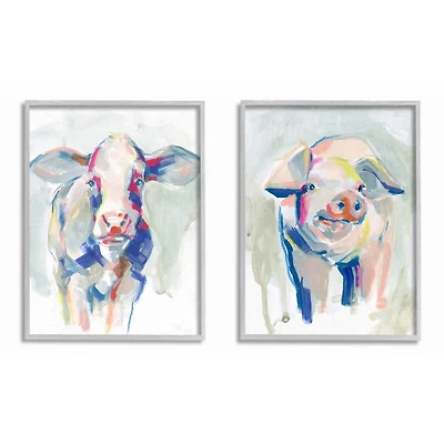 Stupell Industries Colorful Cow & Pig Paintings Wall Art Set in Gray Frames