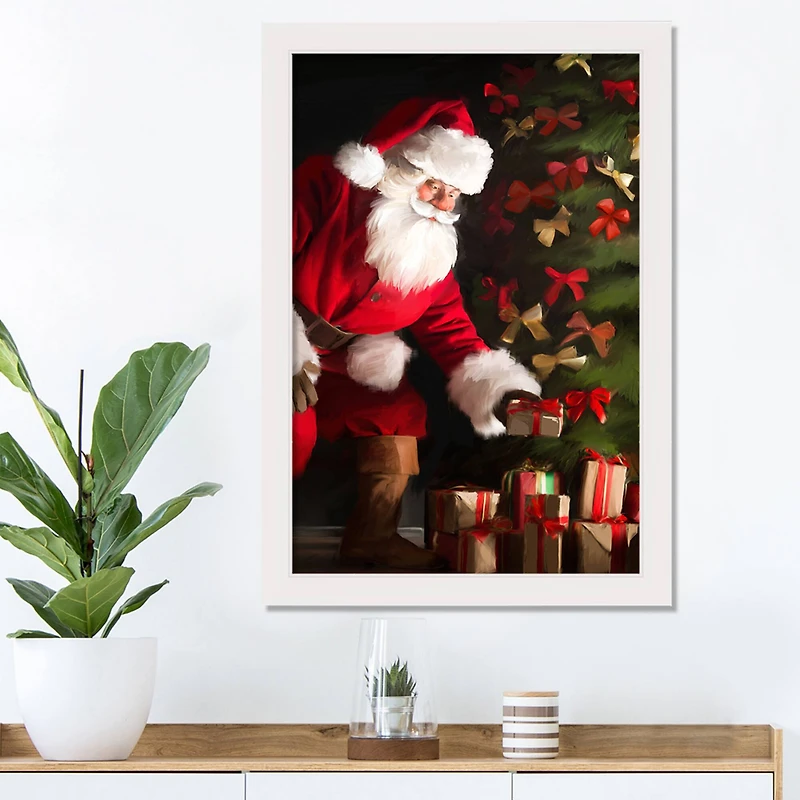 Santa Delivering Christmas Gifts White Framed Wall Art