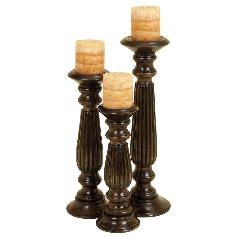 Dark Brown Mango Wood Traditional Candle Holder Set, 3ct.