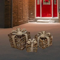 Lighted Rattan Gift Boxes with Burlap Bows Tabletop Christmas Decorations Set