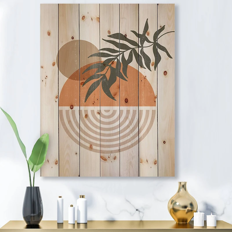Designart - Abstract Geometrical Sun and Moon With Leaf I - Modern Print on Natural Pine Wood