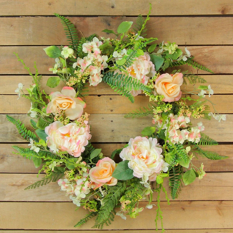24" Pink & Green Rose & Peony Floral Artificial Spring Wreath