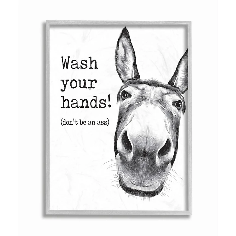 Stupell Industries Wash Your Hands Donkey Quote Bathroom Animal Humor Framed Wall Art