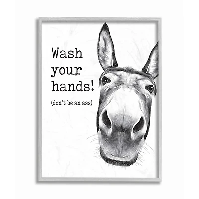 Stupell Industries Wash Your Hands Donkey Quote Bathroom Animal Humor Framed Wall Art
