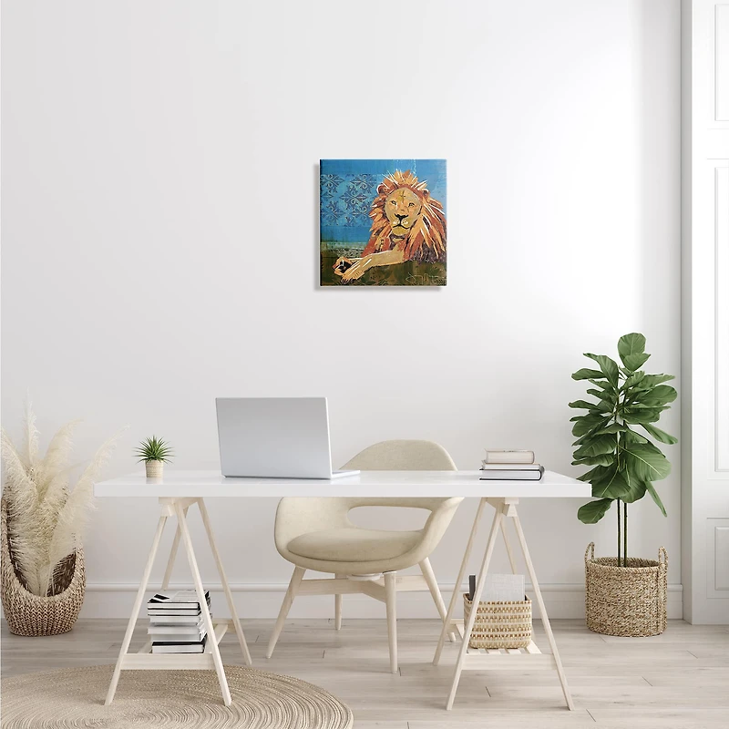 Stupell Industries Safari Lion Abstract Shape Collage Blue Orange Canvas Wall Art