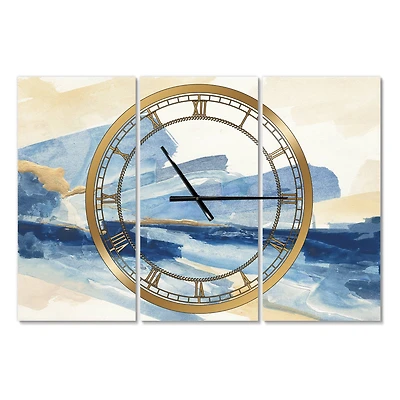 Designart Metallic Gold Indigo Modern 3 Panel Wall Clock