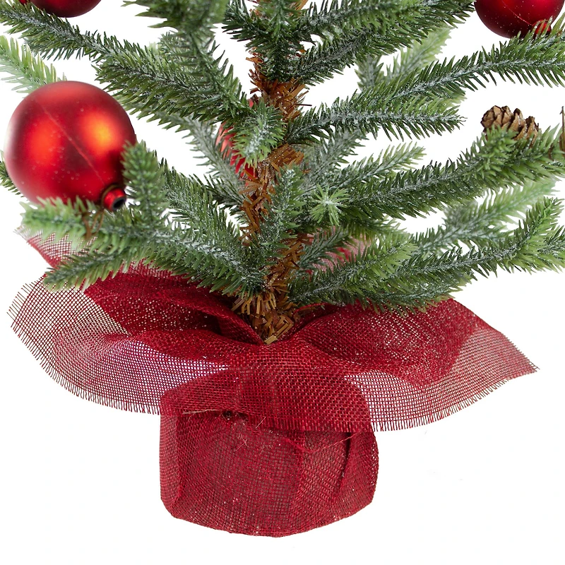 18" Unlit Pine & Red Ornaments Artificial Christmas Tree in Red Burlap Base