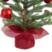 18" Unlit Pine & Red Ornaments Artificial Christmas Tree in Red Burlap Base