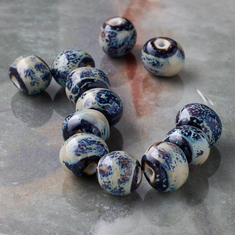 Blue Marbled Rondelle Ceramic Beads, 13.5mm by Bead Landing™