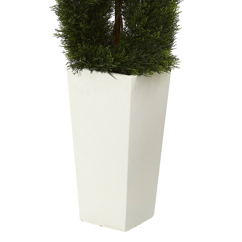 5.5ft. UV Resistant Double Pond Cypress Spiral Topiary Artificial Tree in White Tower Planter