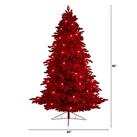 8ft. Pre-Lit Red Flocked Fraser Fir Artificial Christmas Tree, Red Lights