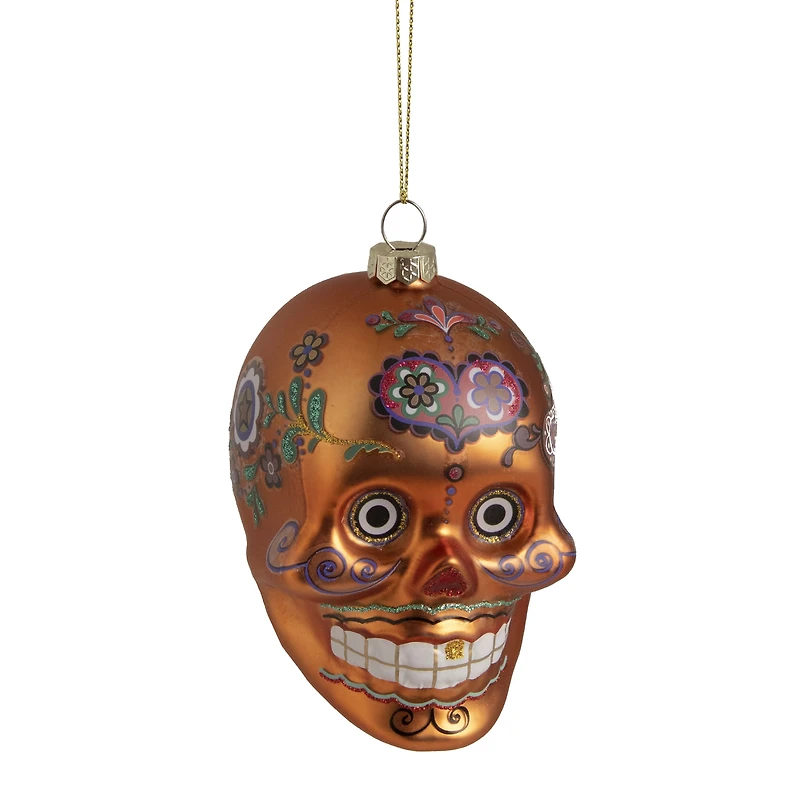 Orange Day of the Dead Glass Skull Halloween Ornament