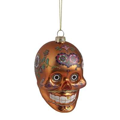Orange Day of the Dead Glass Skull Halloween Ornament