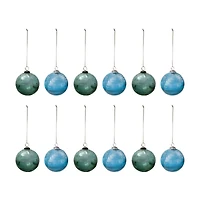 Hello Honey® 12 Pack 4" Blue & Green Etched Leaves Ball Glass Ornaments