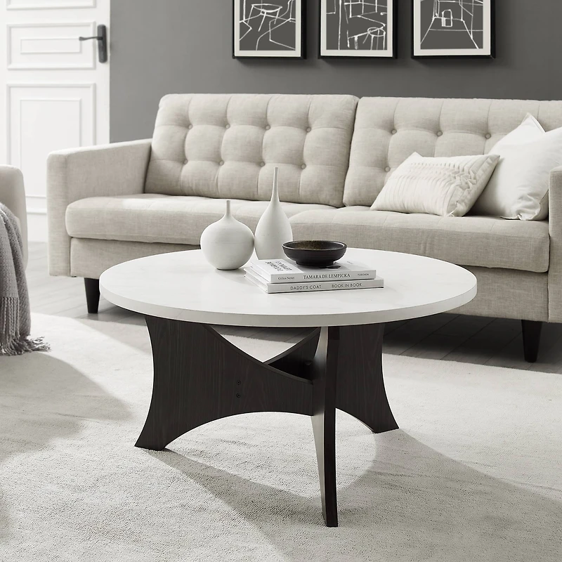 36" Faux White Marble & Graphite Mid Century 3-Leg Round Coffee Table