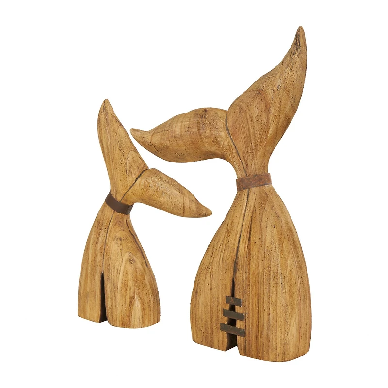 Brown Wood Whale Handmade Tail Sculpture with Metal Band Accents Set
