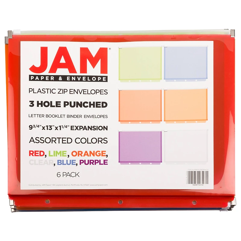 JAM Paper 9.75" x 13" Assorted Zip Closure 3-Hole Punch Plastic Envelopes, 6ct.