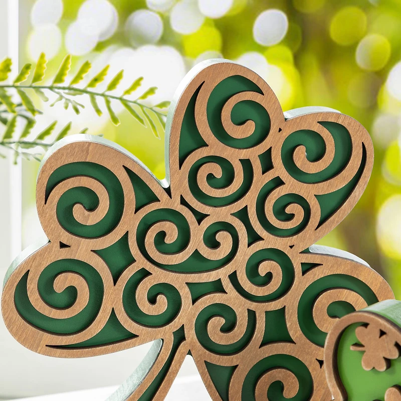 Glitzhome® Set of 2 St. Patrick's Wooden Shamrock Table Decor
