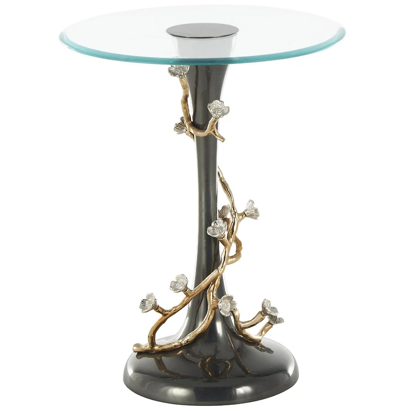 22.75" Black Aluminum Floral Twisted Vine Accent Table with Gold & Silver Accents & Glass Tabletop